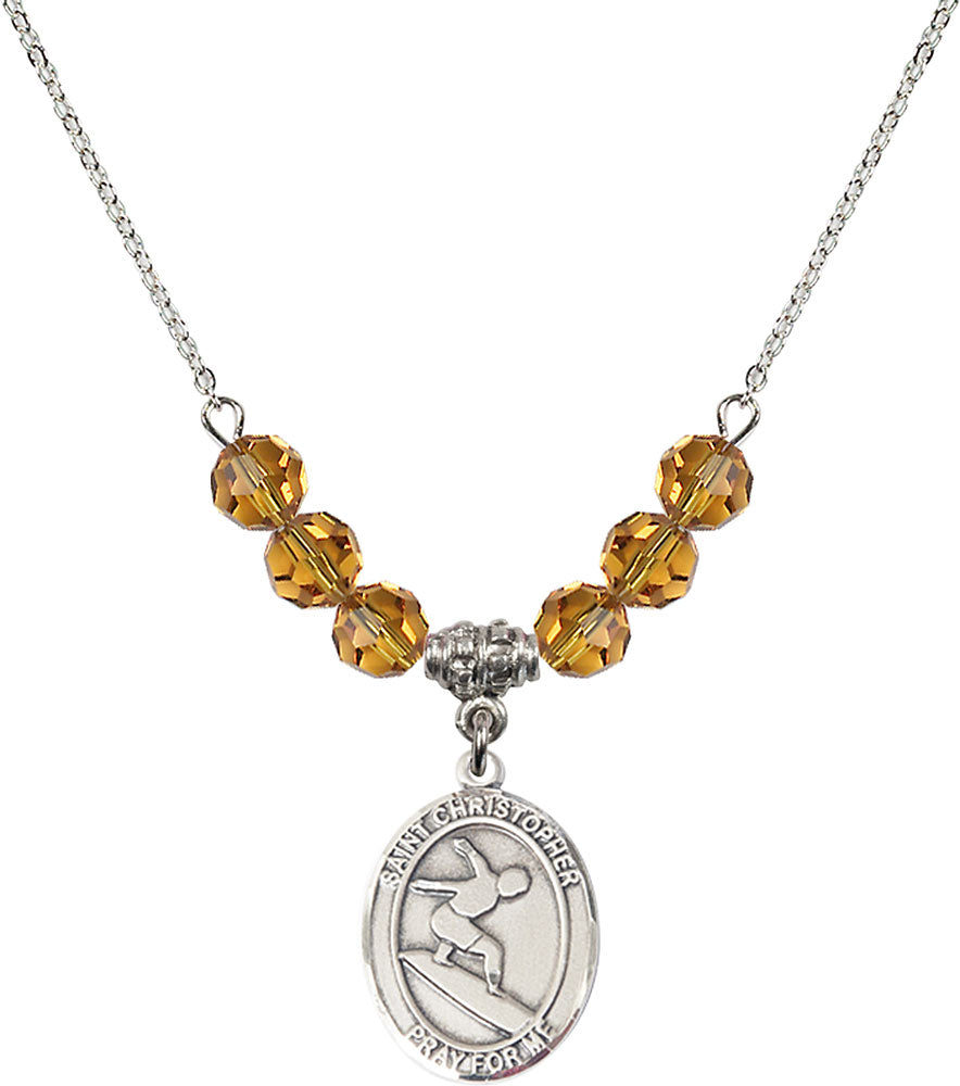 Sterling Silver Saint Christopher/Surfing Birthstone Necklace with Topaz Beads - 8184