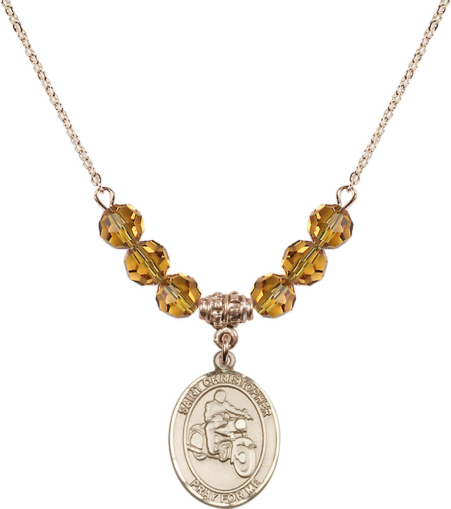 14kt Gold Filled Saint Christopher/Motorcycle Birthstone Necklace with Topaz Beads - 8185