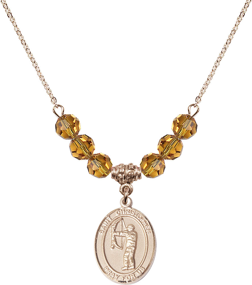 14kt Gold Filled Saint Christopher/Archery Birthstone Necklace with Topaz Beads - 8190