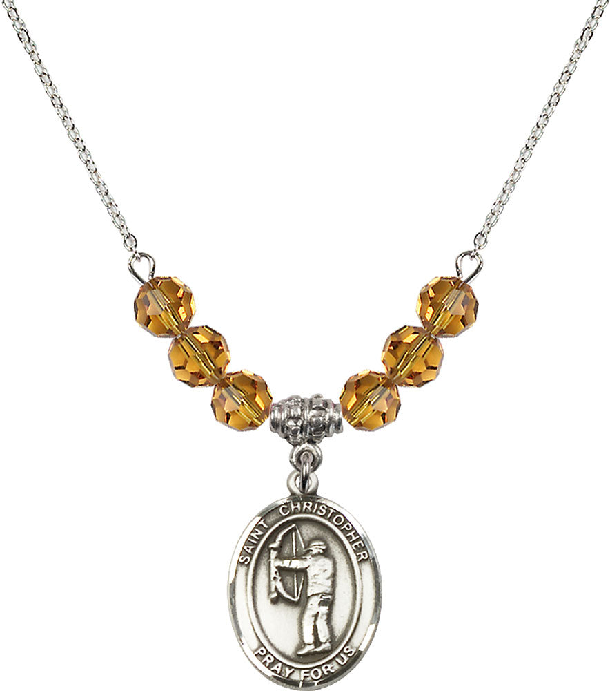 Sterling Silver Saint Christopher/Archery Birthstone Necklace with Topaz Beads - 8190