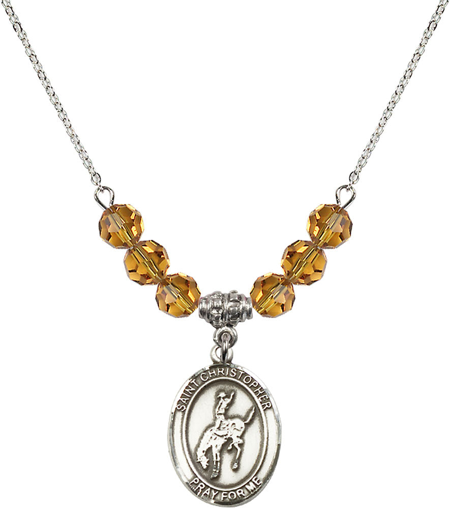 Sterling Silver Saint Christopher / Rodeo Birthstone Necklace with Topaz Beads - 8192
