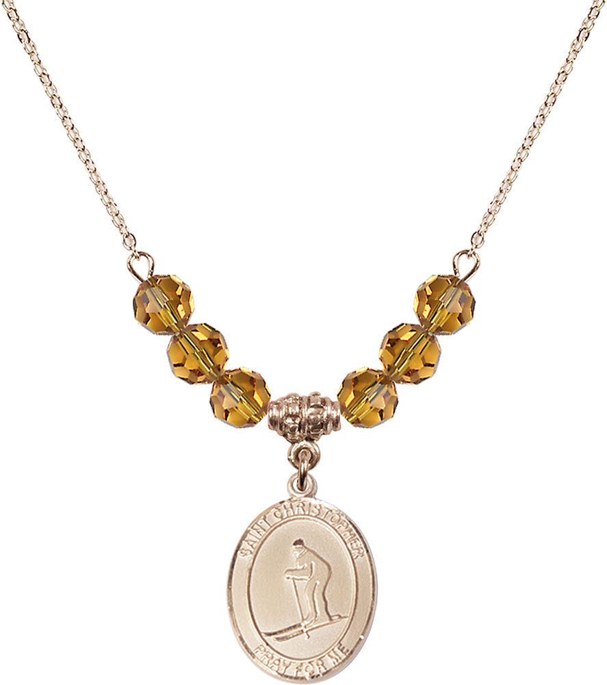 14kt Gold Filled Saint Christopher / Skiing Birthstone Necklace with Topaz Beads - 8193