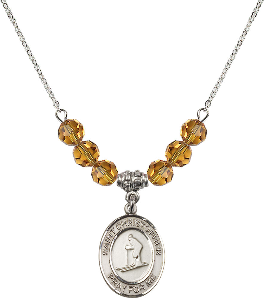 Sterling Silver Saint Christopher / Skiing Birthstone Necklace with Topaz Beads - 8193