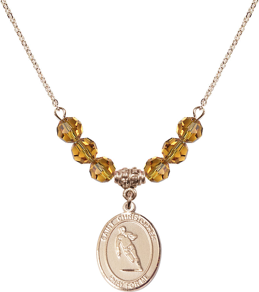 14kt Gold Filled Saint Christopher / Rugby Birthstone Necklace with Topaz Beads - 8194