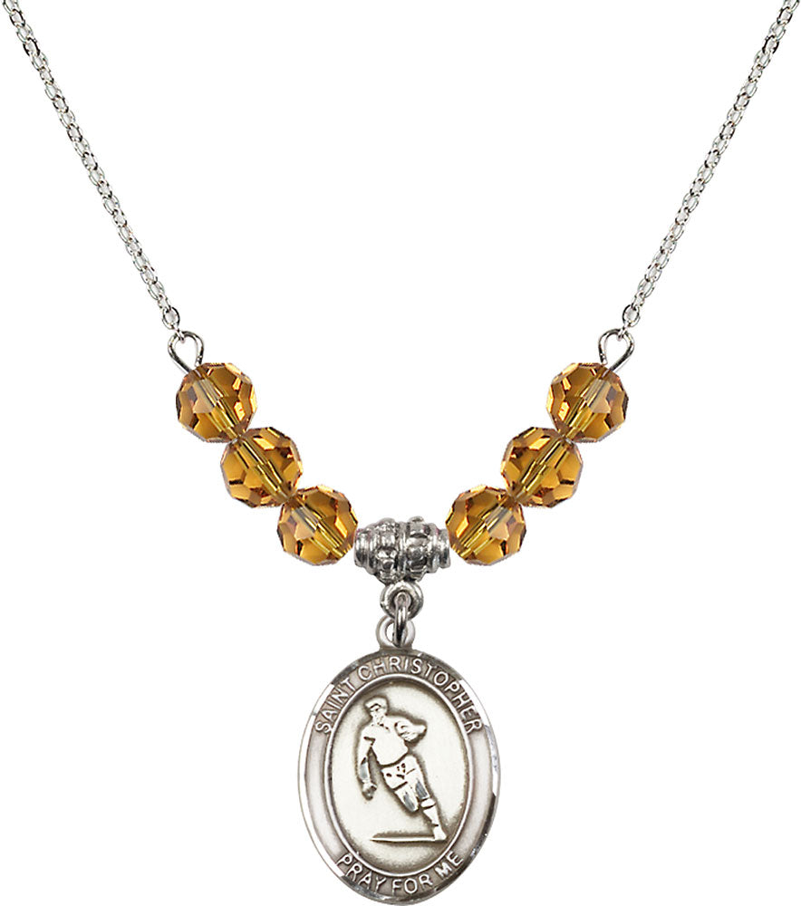 Sterling Silver Saint Christopher / Rugby Birthstone Necklace with Topaz Beads - 8194
