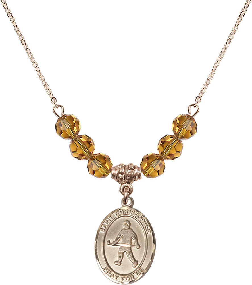 14kt Gold Filled Saint Christopher / Field Hockey Birthstone Necklace with Topaz Beads - 8195