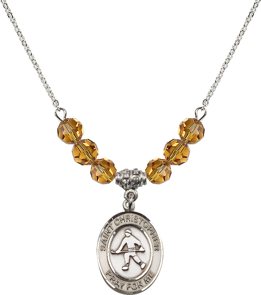Sterling Silver Saint Christopher / Field Hockey Birthstone Necklace with Topaz Beads - 8195