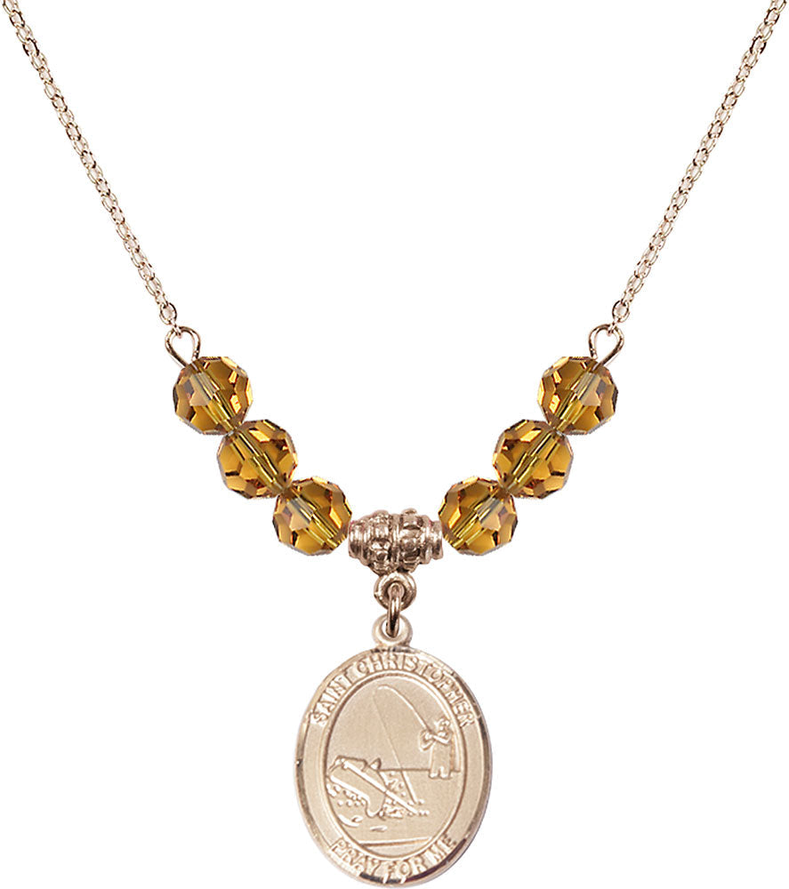 14kt Gold Filled Saint Christopher / Fishing Birthstone Necklace with Topaz Beads - 8196