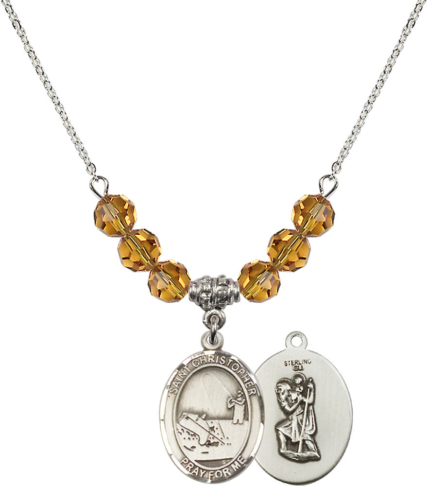 Sterling Silver Saint Christopher / Fishing Birthstone Necklace with Topaz Beads - 8196