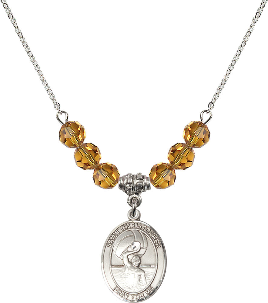 Sterling Silver Saint Christopher/Water Polo-Men Birthstone Necklace with Topaz Beads - 8198