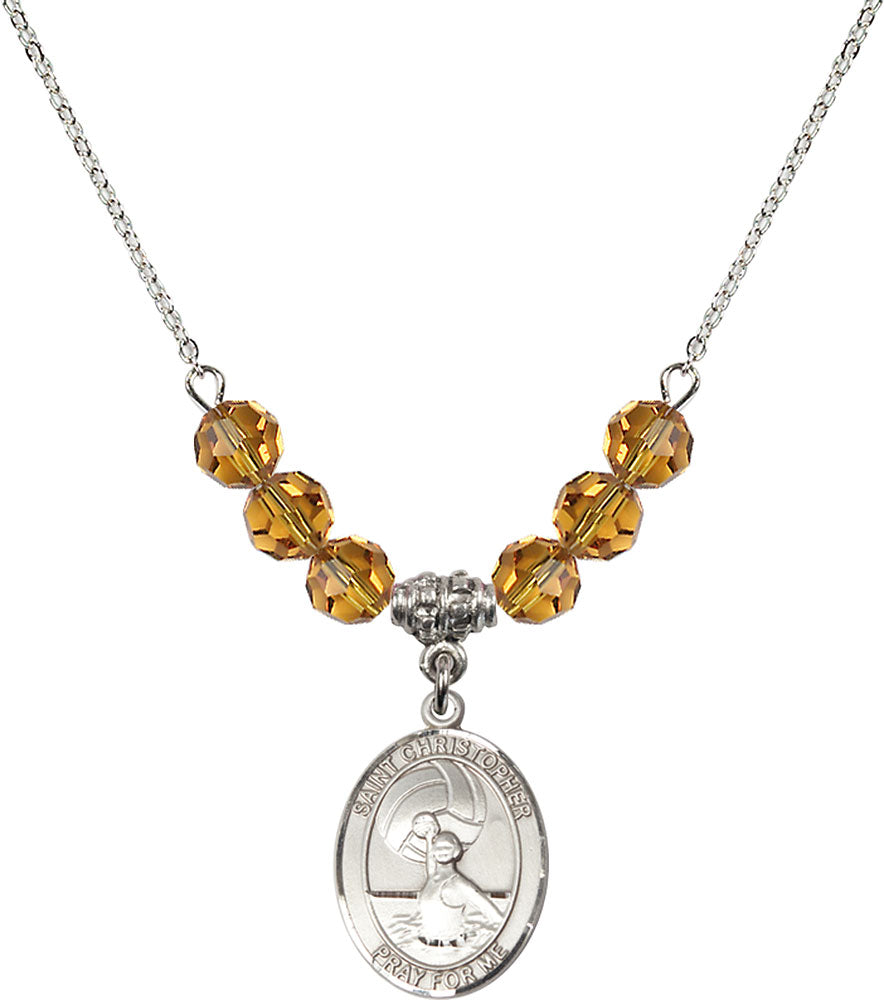Sterling Silver Saint Christopher/Water Polo-Women Birthstone Necklace with Topaz Beads - 8199