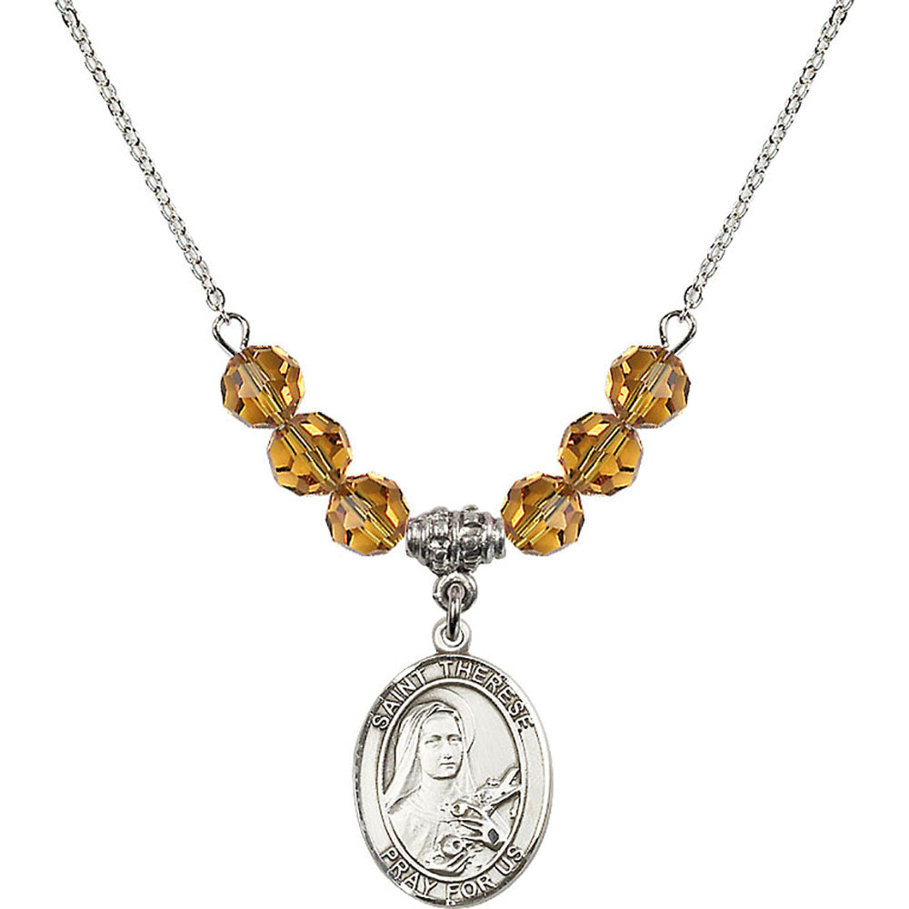 Sterling Silver Saint Therese of Lisieux Birthstone Necklace with Topaz Beads - 8210
