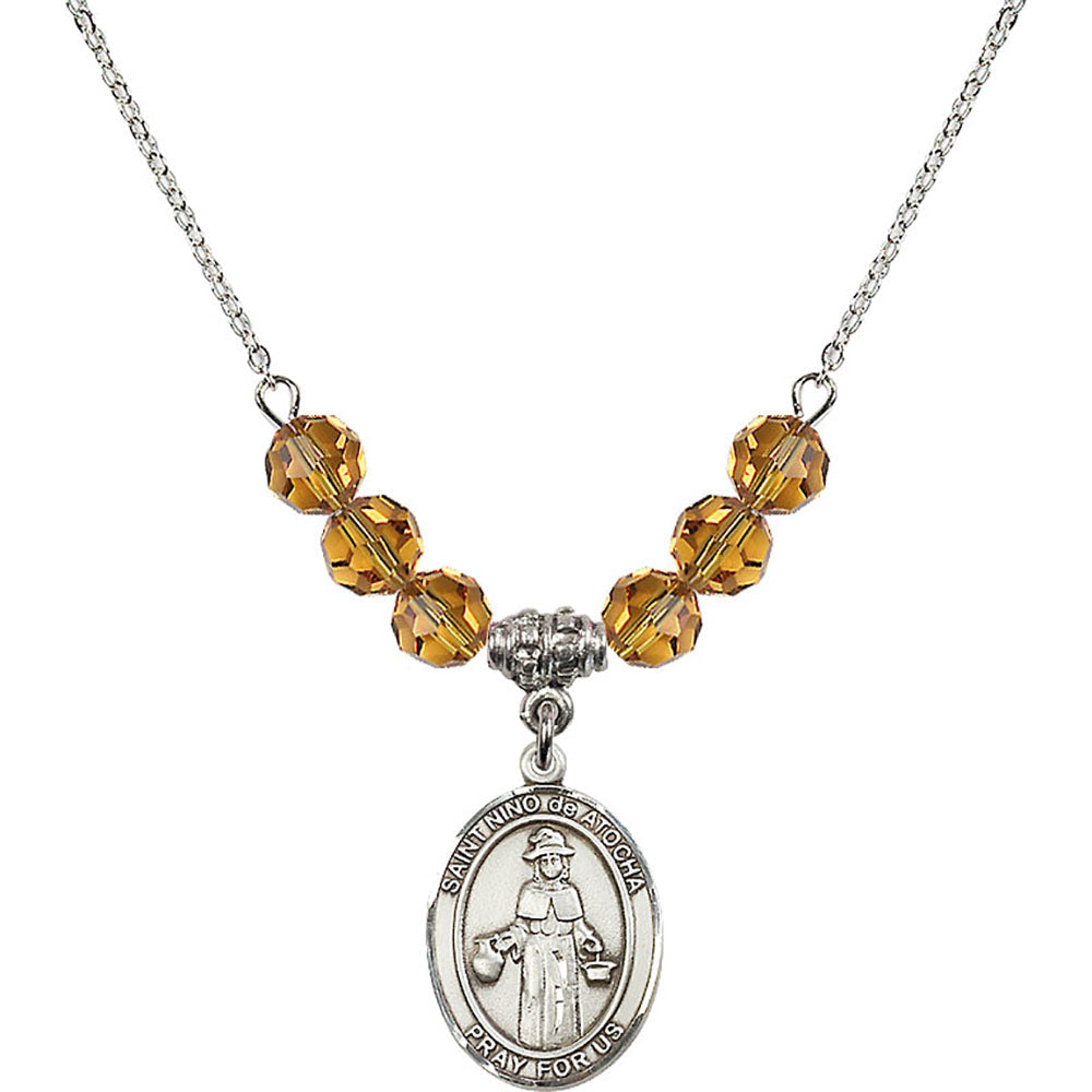 Sterling Silver Saint Nino de Atocha Birthstone Necklace with Topaz Beads - 8214