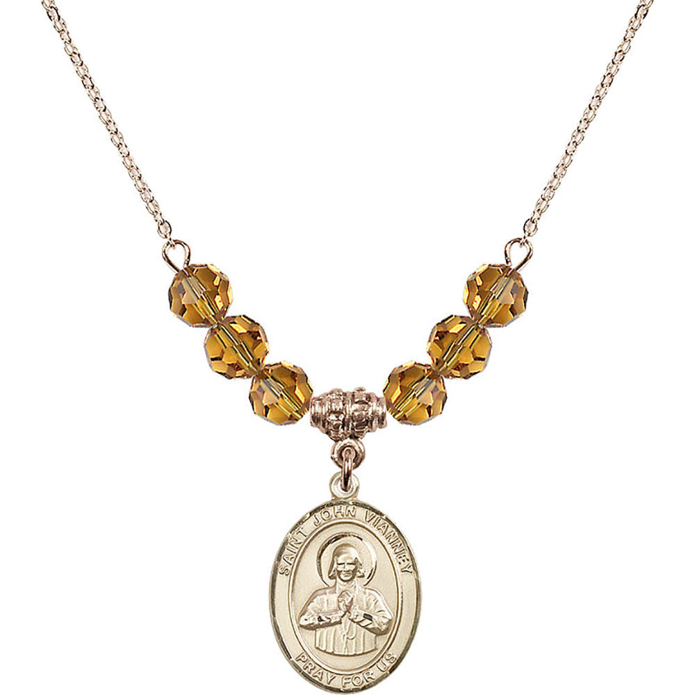 14kt Gold Filled Saint John Vianney Birthstone Necklace with Topaz Beads - 8282