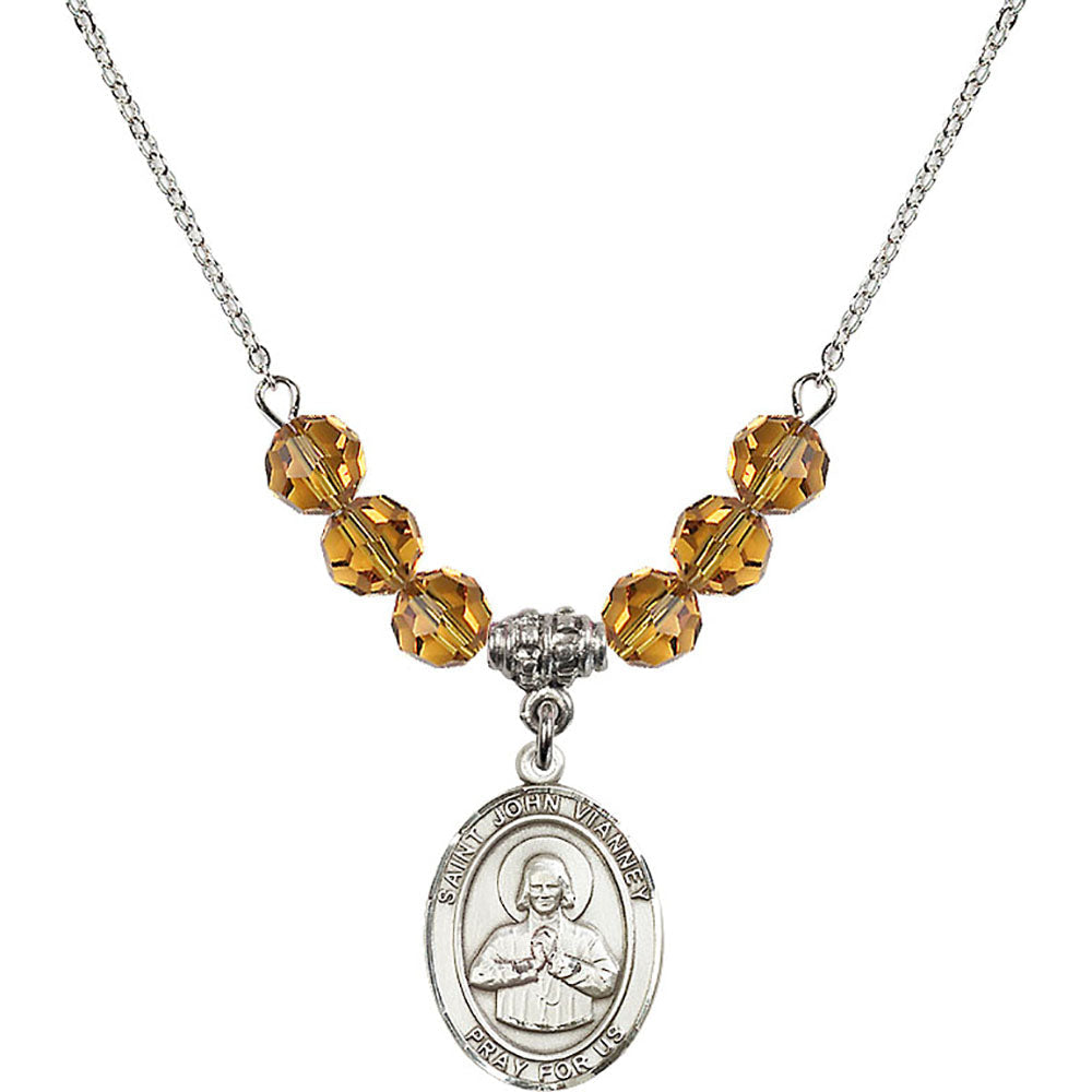 Sterling Silver Saint John Vianney Birthstone Necklace with Topaz Beads - 8282