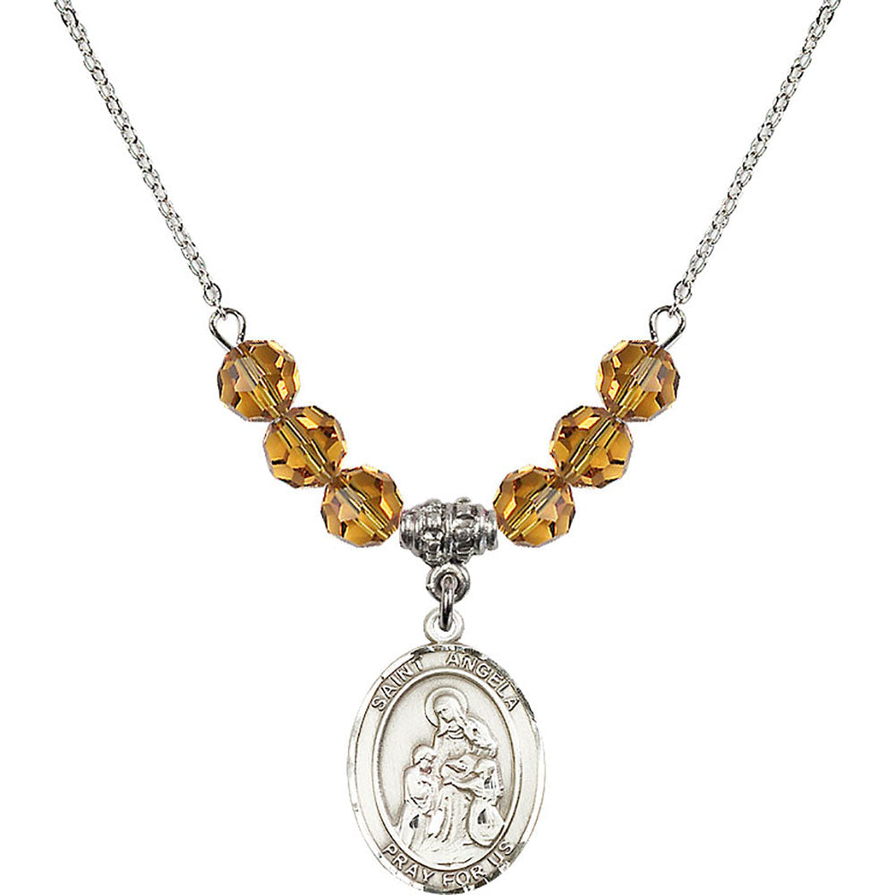 Sterling Silver Saint Angela Merici Birthstone Necklace with Topaz Beads - 8284