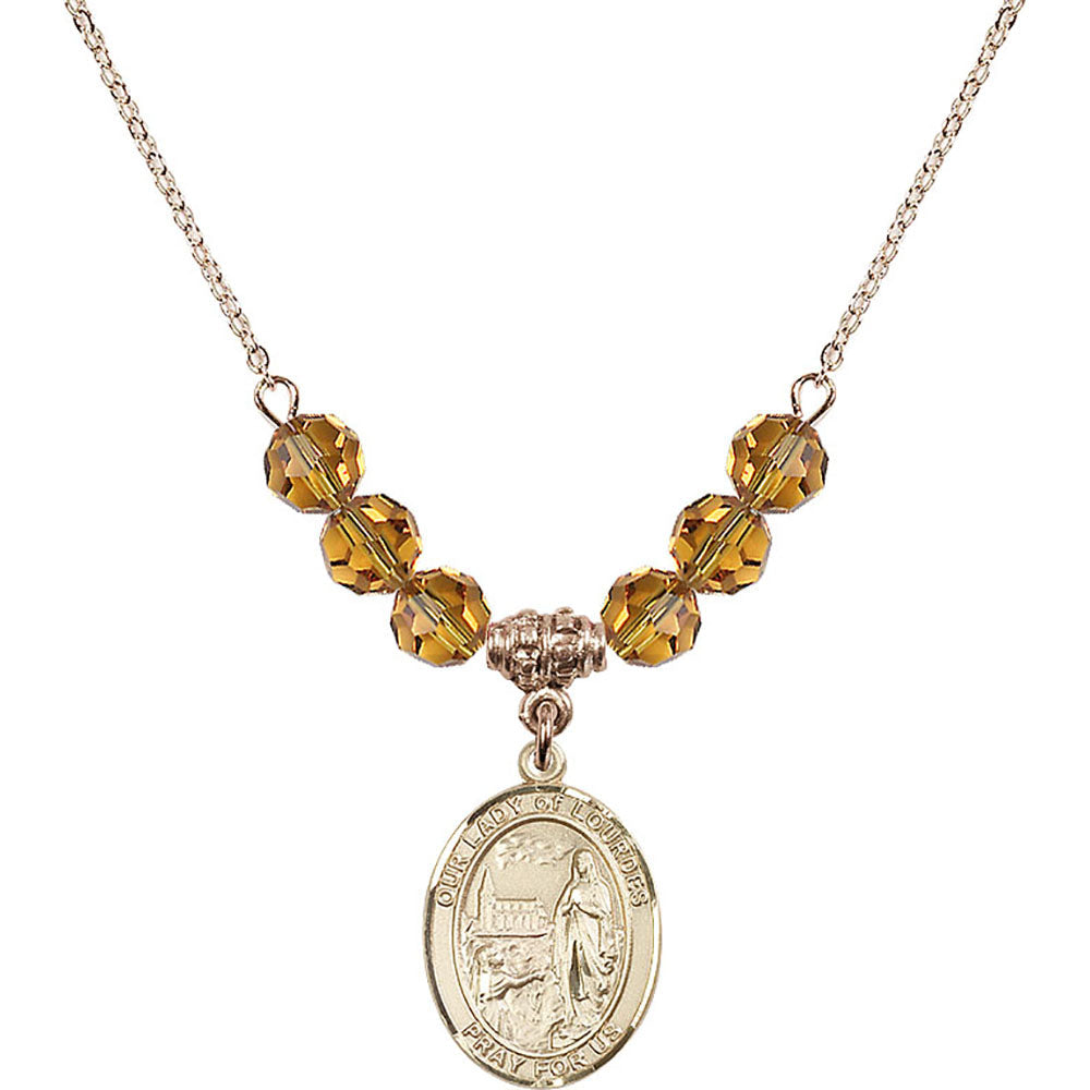 14kt Gold Filled Our Lady of Lourdes Birthstone Necklace with Topaz Beads - 8288