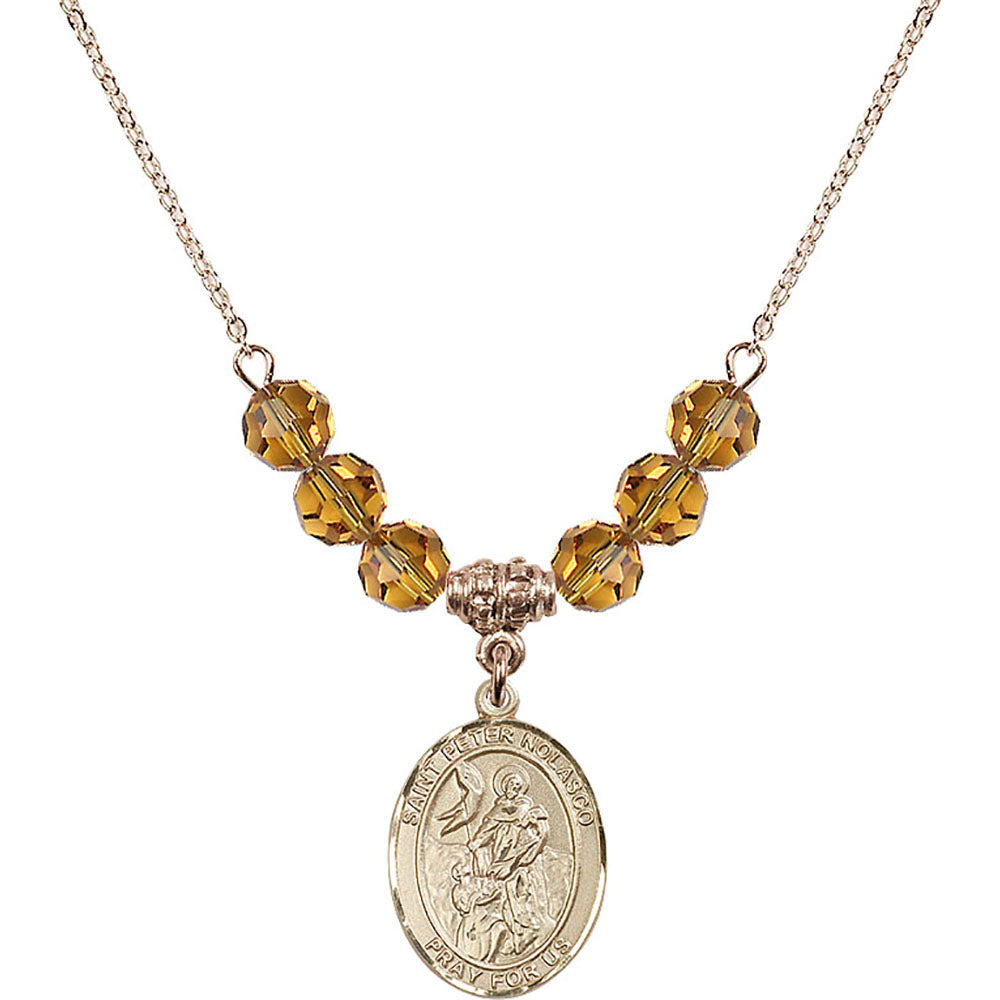 14kt Gold Filled Saint Peter Nolasco Birthstone Necklace with Topaz Beads - 8291