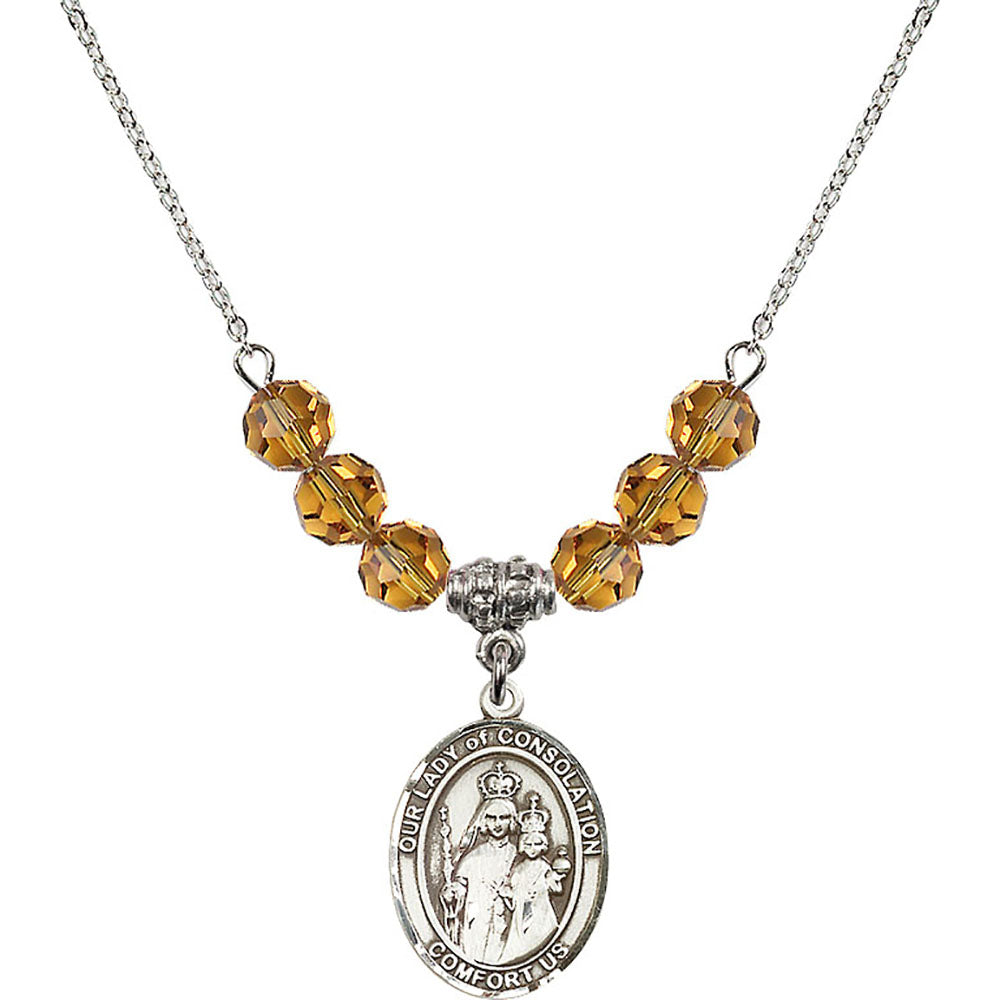 Sterling Silver Our Lady of Consolation Birthstone Necklace with Topaz Beads - 8292