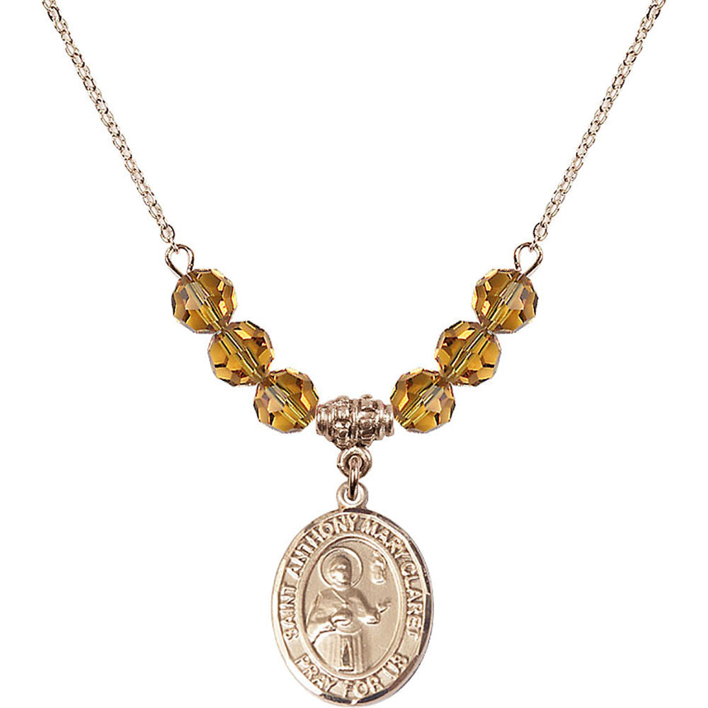 14kt Gold Filled Saint Anthony Mary Claret Birthstone Necklace with Topaz Beads - 8416