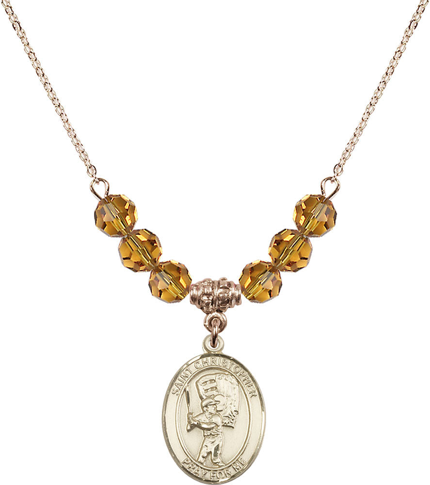 14kt Gold Filled Saint Christopher/Baseball Birthstone Necklace with Topaz Beads - 8500