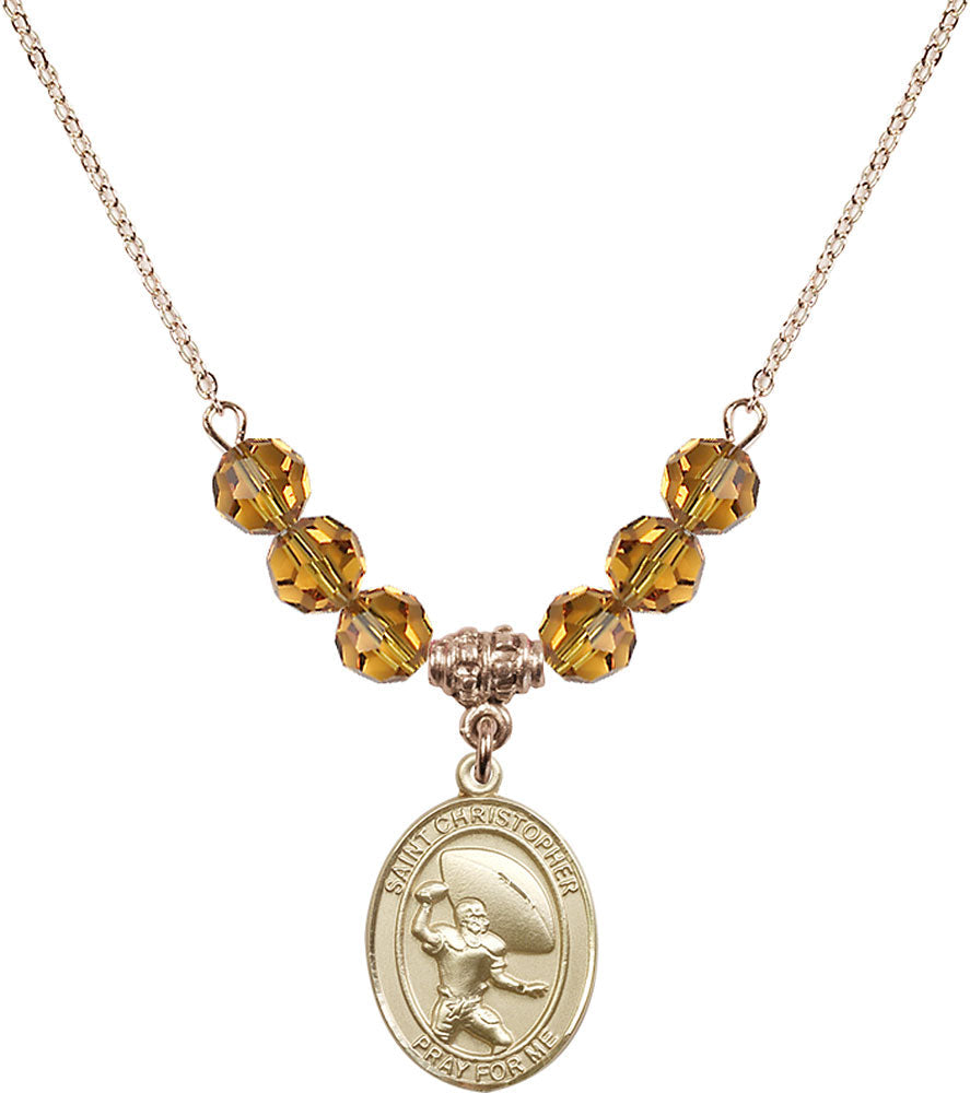 14kt Gold Filled Saint Christopher / Football Birthstone Necklace with Topaz Beads - 8501
