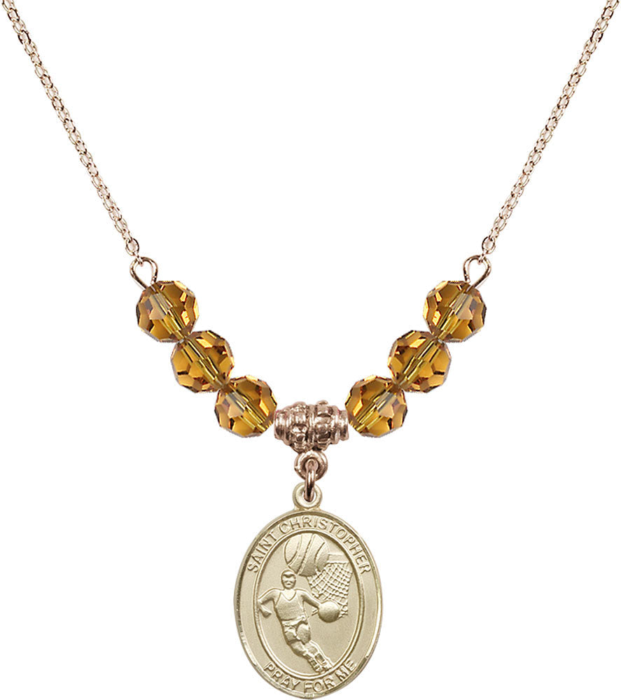 14kt Gold Filled Saint Christopher/Basketball Birthstone Necklace with Topaz Beads - 8502