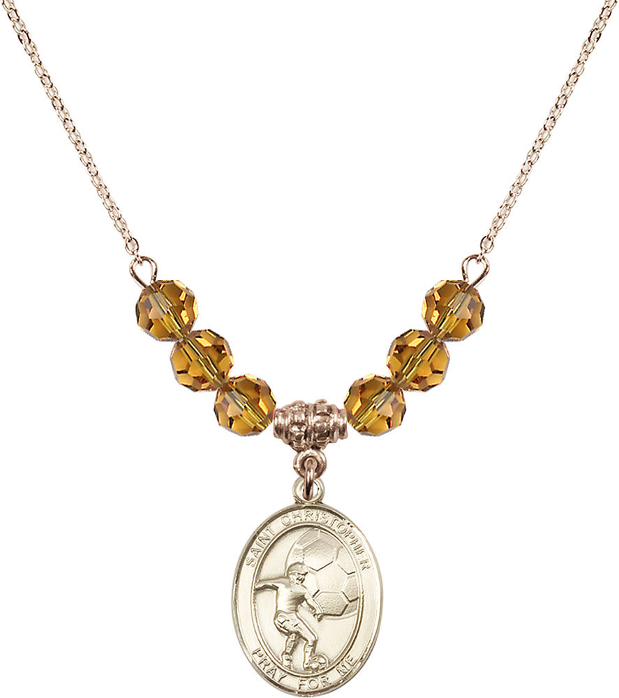 14kt Gold Filled Saint Christopher/Soccer Birthstone Necklace with Topaz Beads - 8503