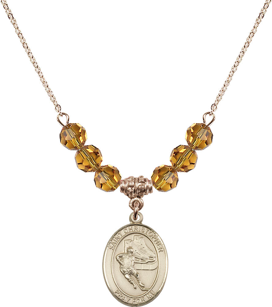 14kt Gold Filled Saint Christopher/Hockey Birthstone Necklace with Topaz Beads - 8504