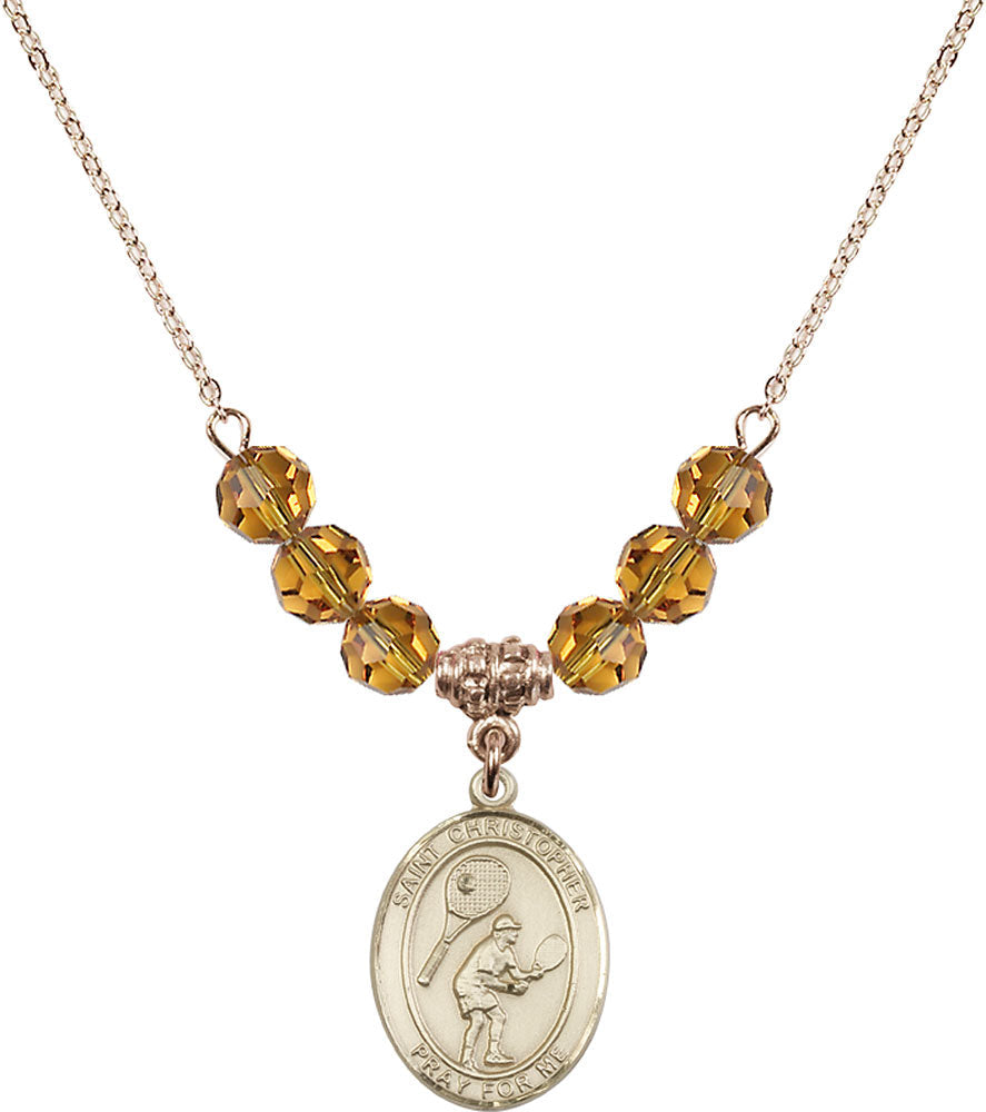 14kt Gold Filled Saint Christopher/Tennis Birthstone Necklace with Topaz Beads - 8505