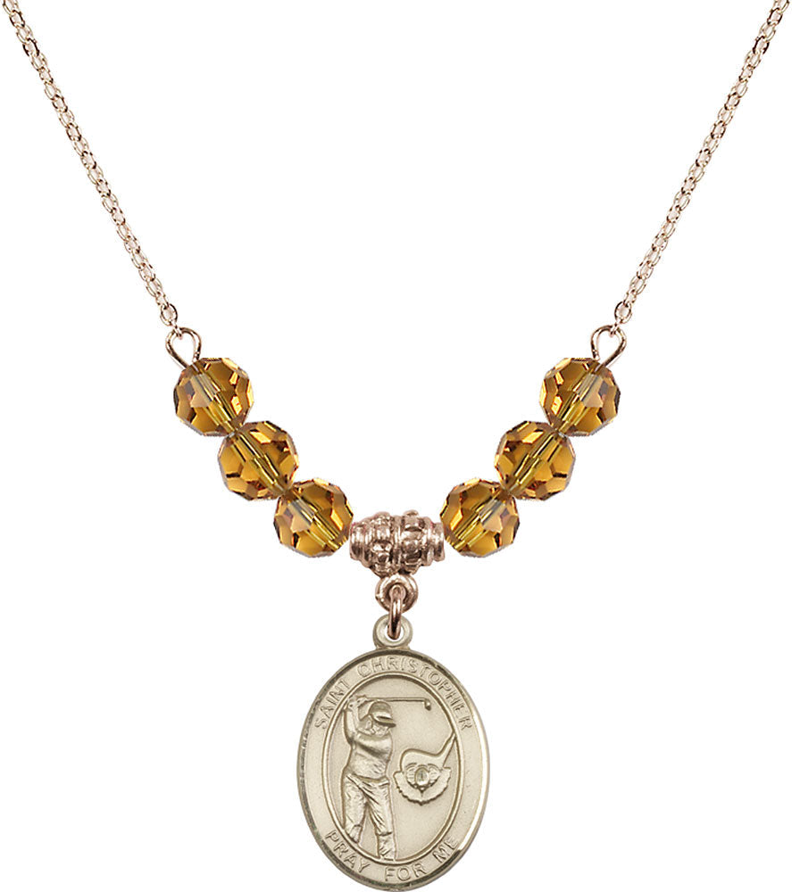 14kt Gold Filled Saint Christopher/Golf Birthstone Necklace with Topaz Beads - 8506
