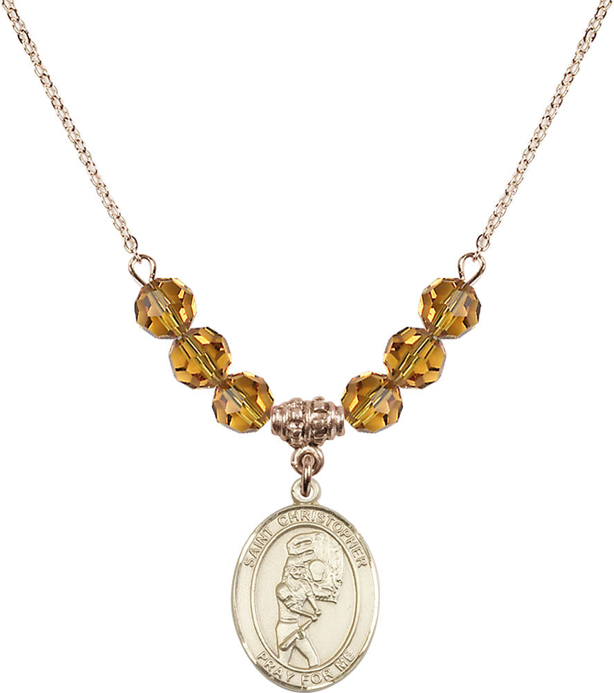 14kt Gold Filled Saint Christopher/Softball Birthstone Necklace with Topaz Beads - 8507
