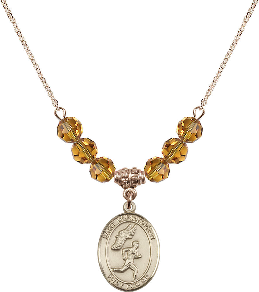 14kt Gold Filled Saint Christopher/Track&Field-Men Birthstone Necklace with Topaz Beads - 8509