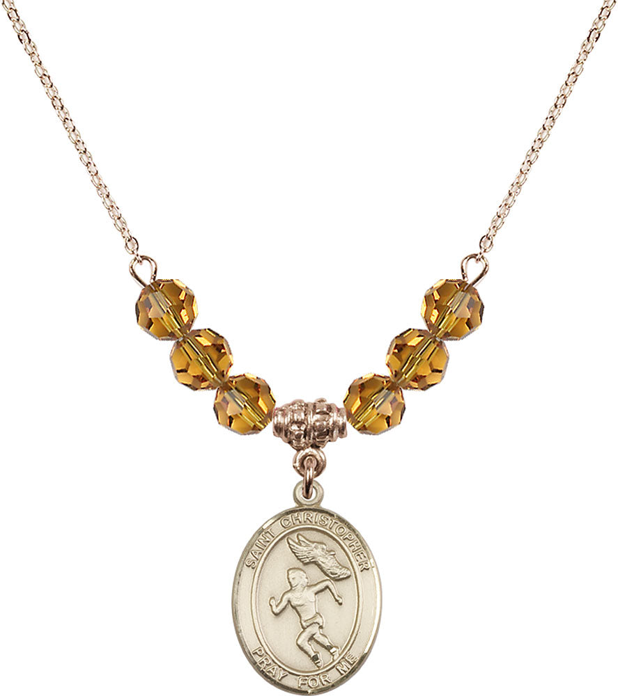 14kt Gold Filled Saint Christopher/Track&Field-Women Birthstone Necklace with Topaz Beads - 8510