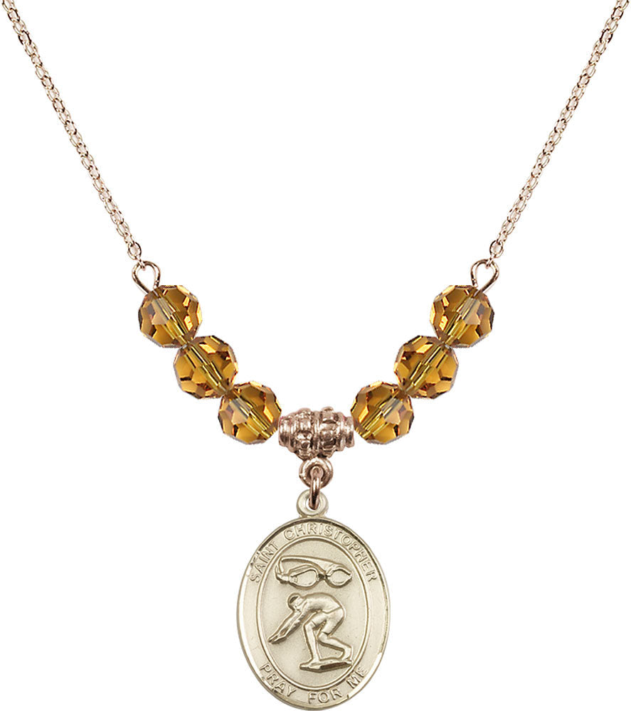 14kt Gold Filled Saint Christopher/Swimming Birthstone Necklace with Topaz Beads - 8511