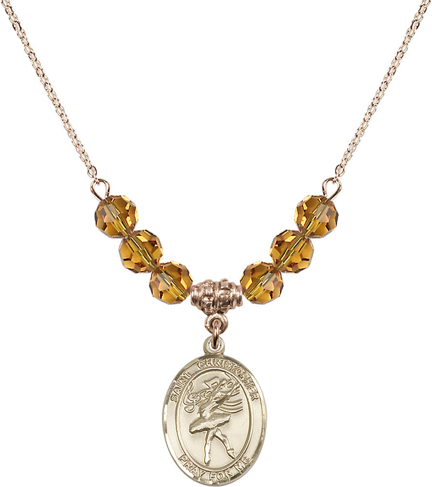 14kt Gold Filled Saint Christopher/Dance Birthstone Necklace with Topaz Beads - 8512