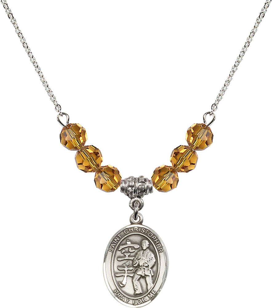 Sterling Silver Saint Christopher / Karate Birthstone Necklace with Topaz Beads - 8515