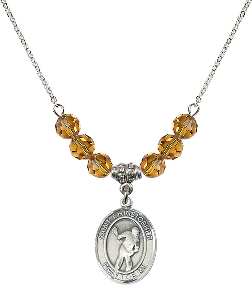 Sterling Silver Saint Christopher/Lacrosse Birthstone Necklace with Topaz Beads - 8516