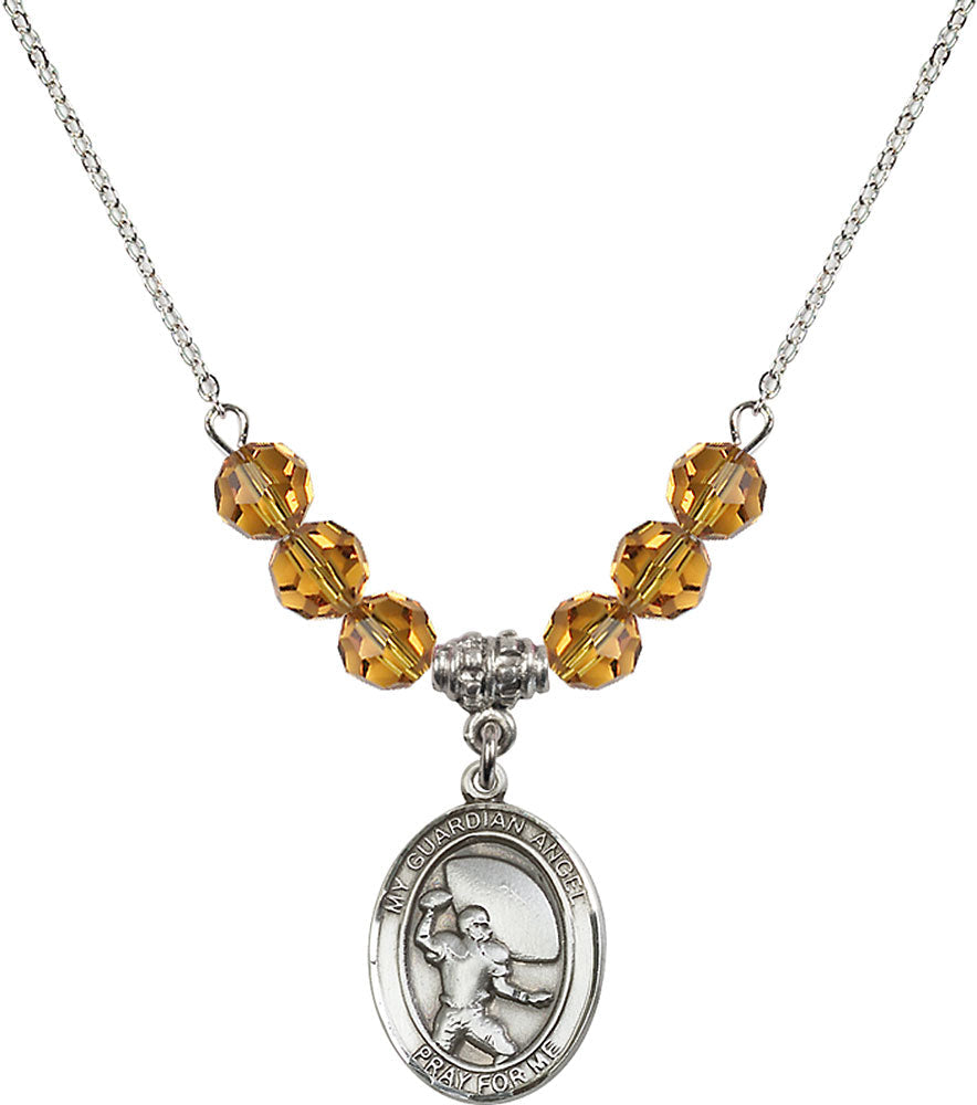 Sterling Silver Guardian Angel/Football Birthstone Necklace with Topaz Beads - 8701