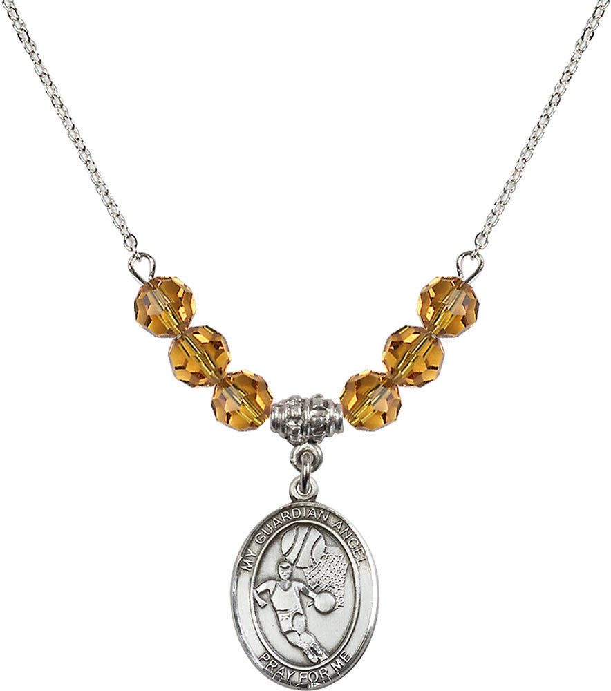Sterling Silver Guardian Angel/Basketball Birthstone Necklace with Topaz Beads - 8702