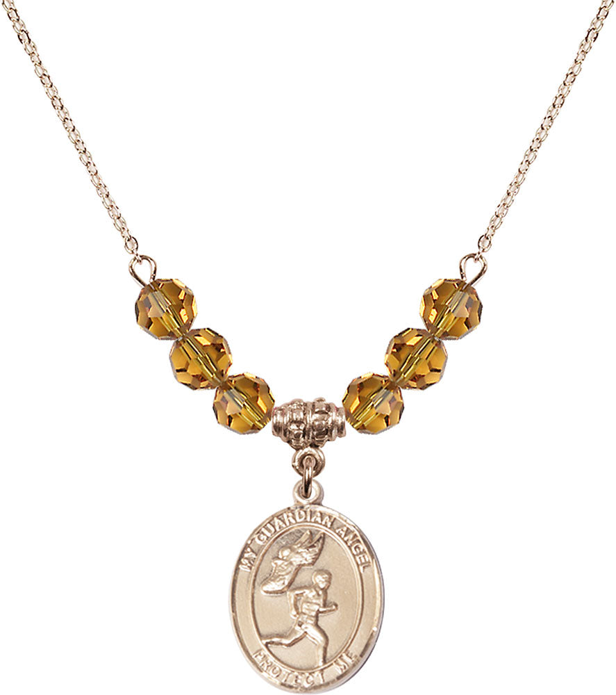 14kt Gold Filled Guardian Angel/Track&Field-Men Birthstone Necklace with Topaz Beads - 8709