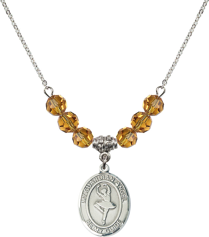 Sterling Silver Guardian Angel/Dance Birthstone Necklace with Topaz Beads - 8712