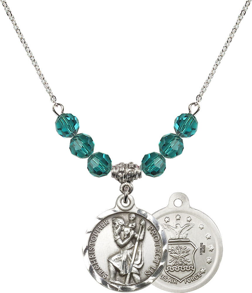 Sterling Silver Saint Christopher / Air Force Birthstone Necklace with Zircon Beads - 0192
