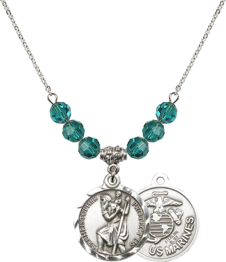 Sterling Silver Saint Christopher / Marines Birthstone Necklace with Zircon Beads - 0192