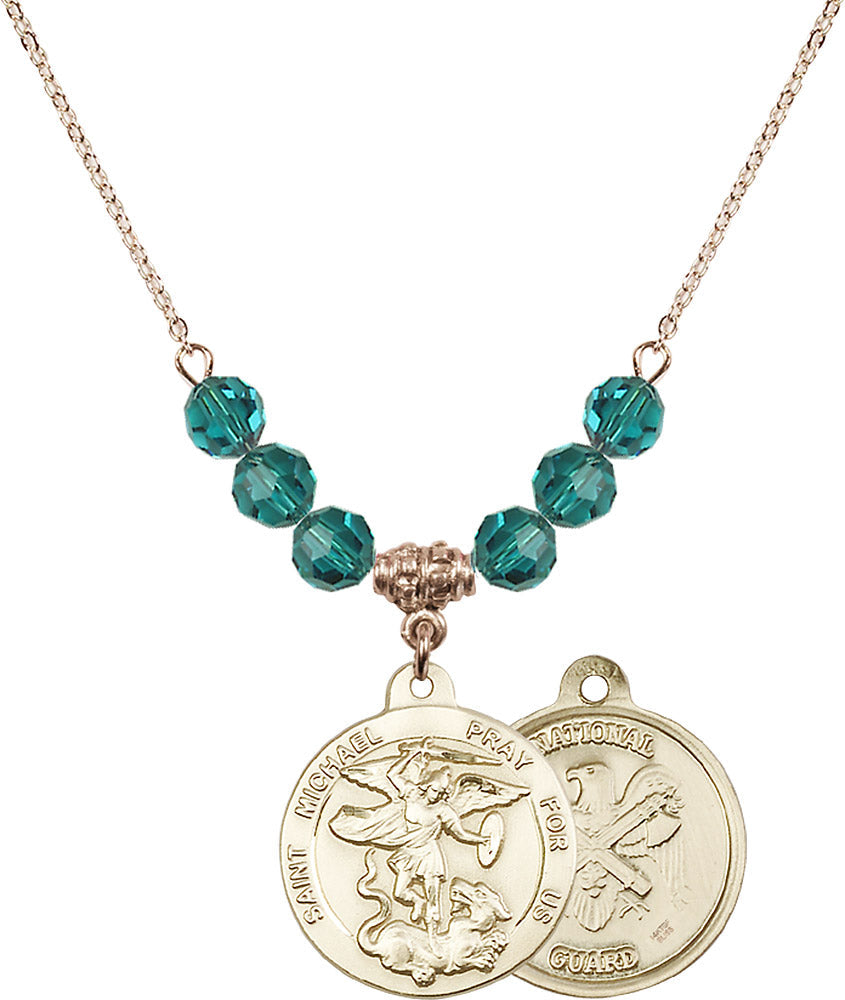 14kt Gold Filled Saint Michael / Nat'l Guard Birthstone Necklace with Zircon Beads - 0342