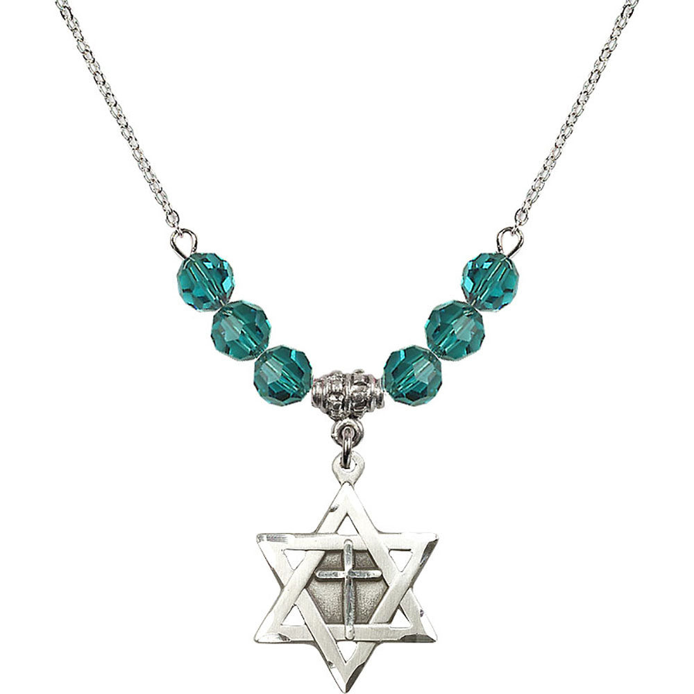Sterling Silver Star of David w/ Cross Birthstone Necklace with Zircon Beads - 1210