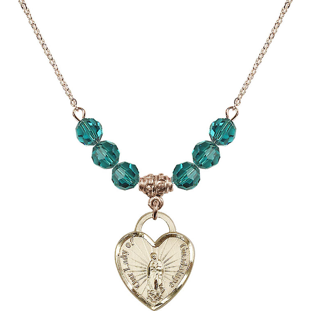 14kt Gold Filled Our Lady of Guadalupe Heart / Recuerdo Birthstone Necklace with Zircon Beads - 3209