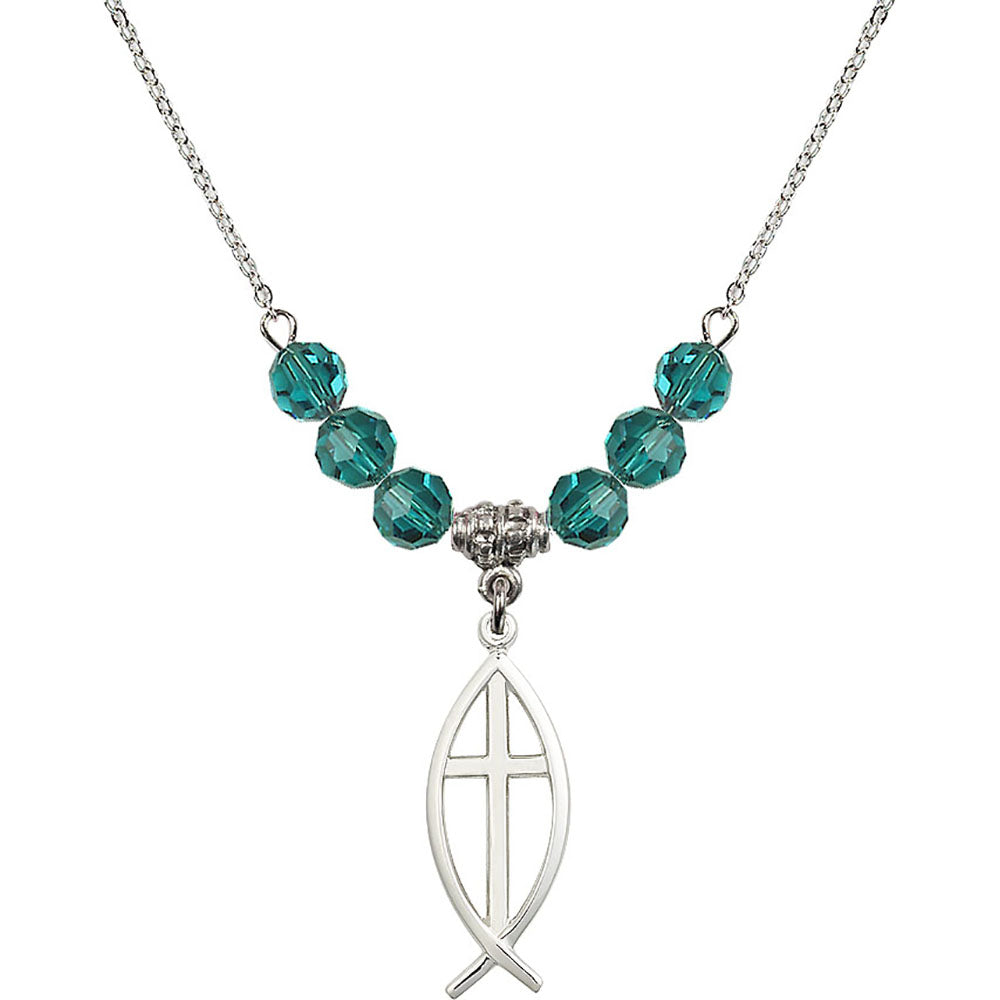 Sterling Silver Fish / Cross Birthstone Necklace with Zircon Beads - 4252