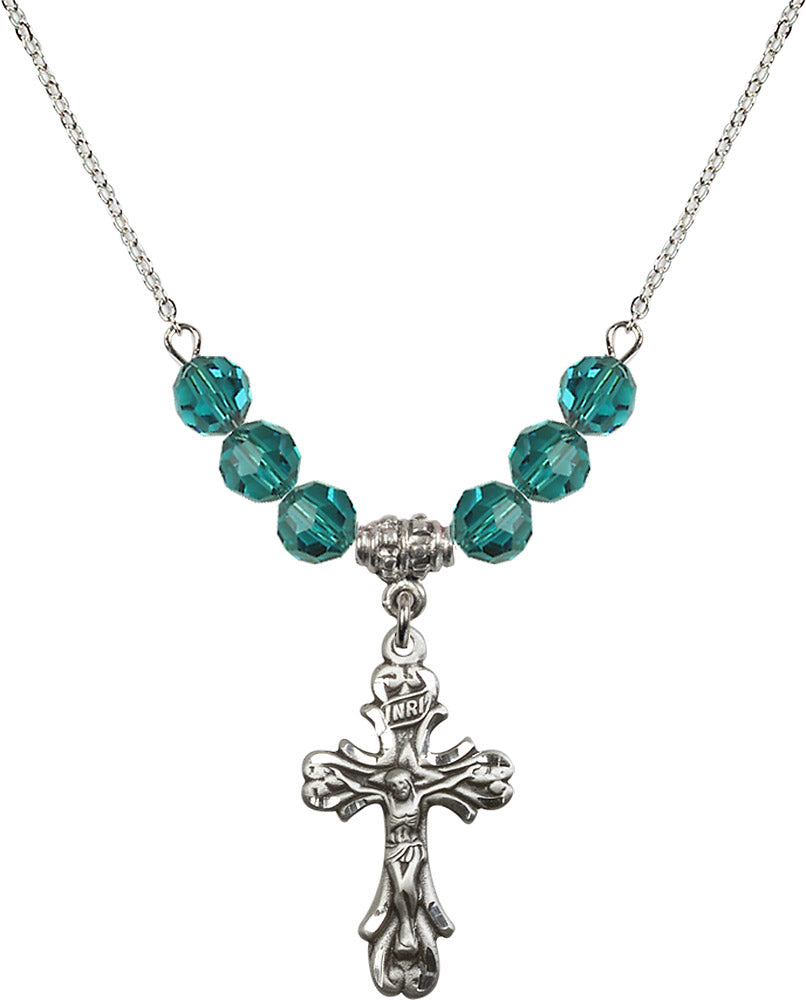 Sterling Silver Crucifix Birthstone Necklace with Zircon Beads - 5421