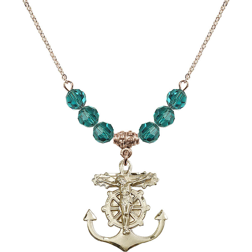 14kt Gold Filled Anchor Crucifix Birthstone Necklace with Zircon Beads - 5685